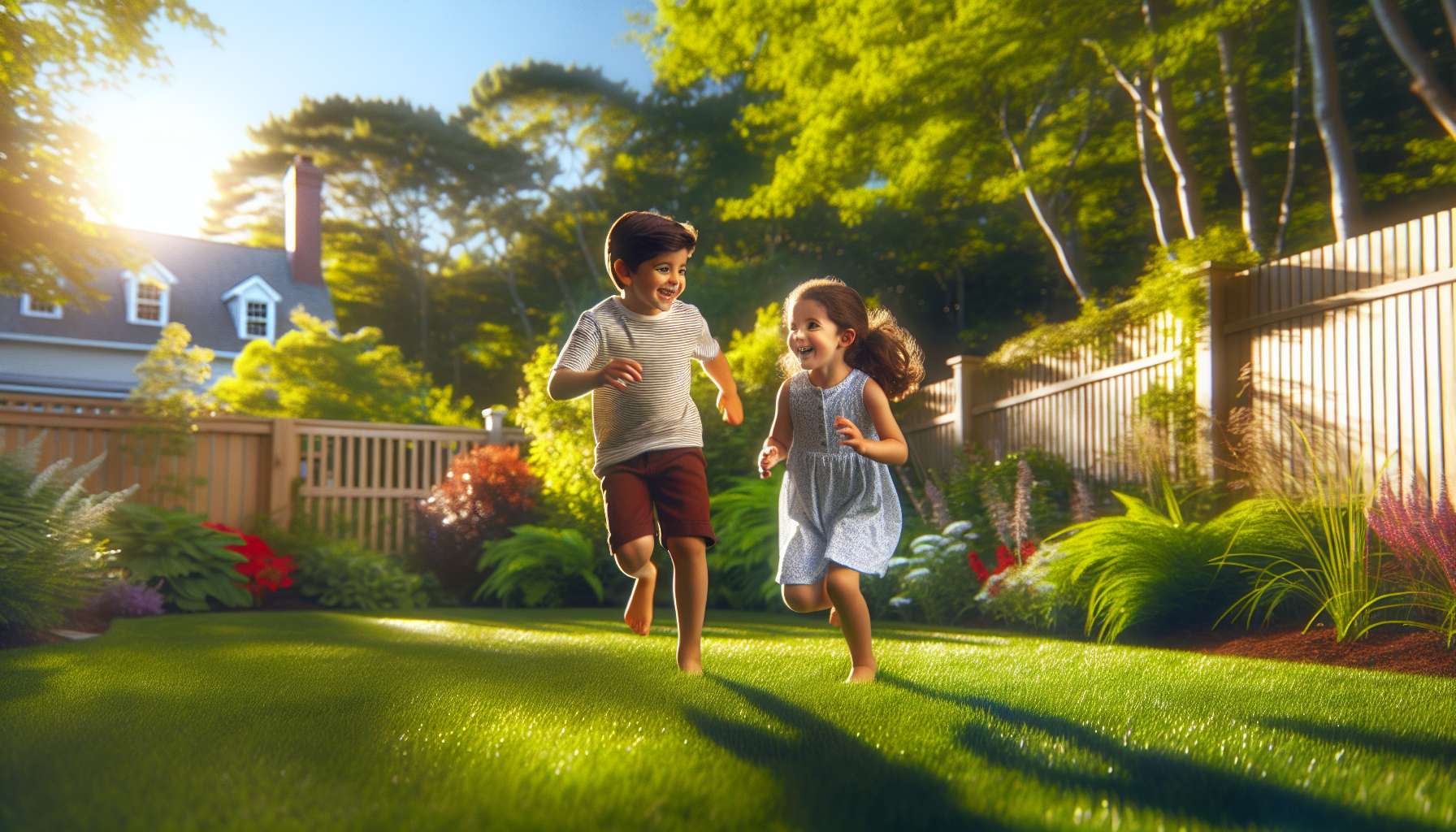 Children playing safely in a green backyard after professional tick treatment