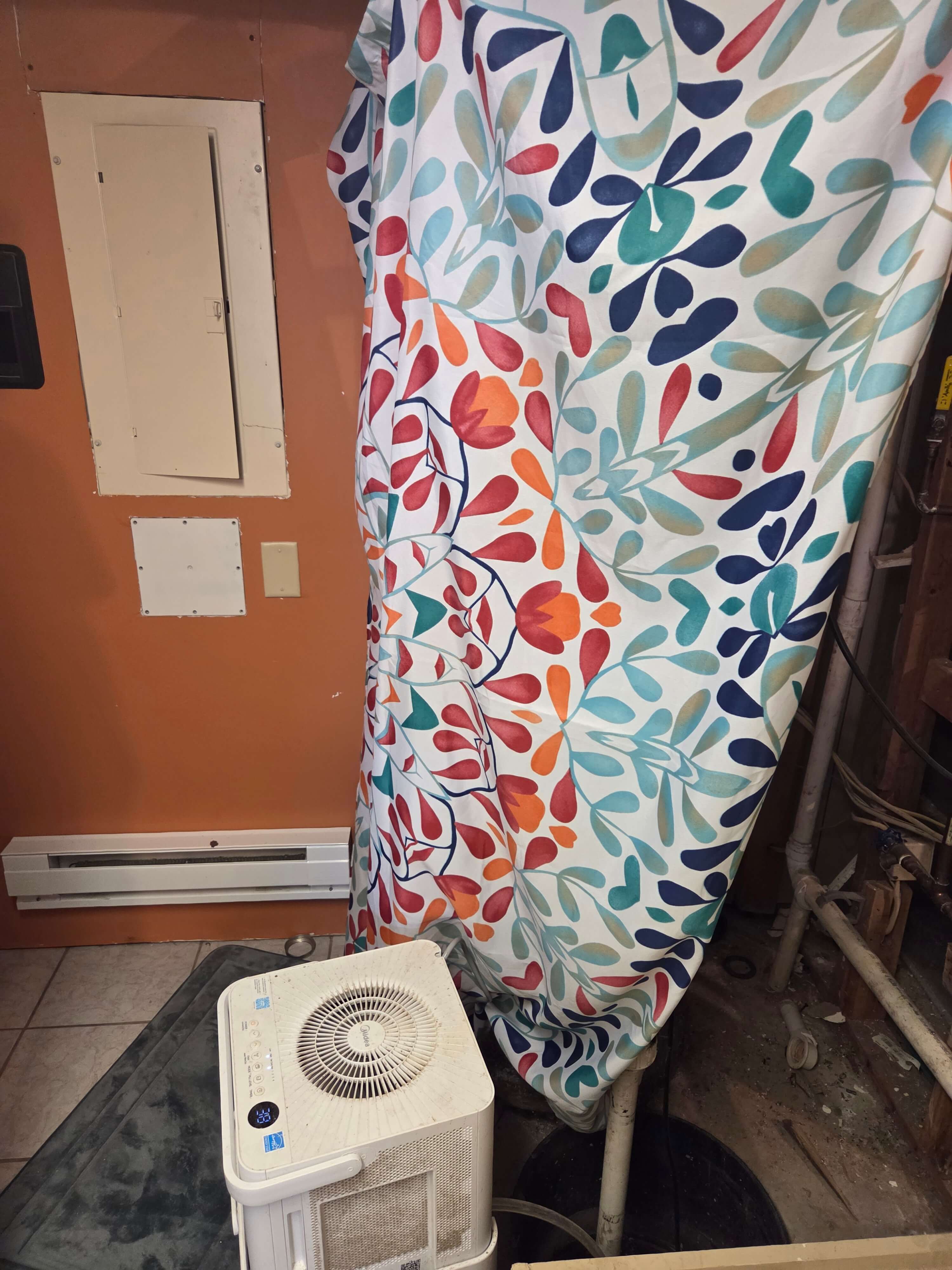 Before - shower curtain and dehumidifier