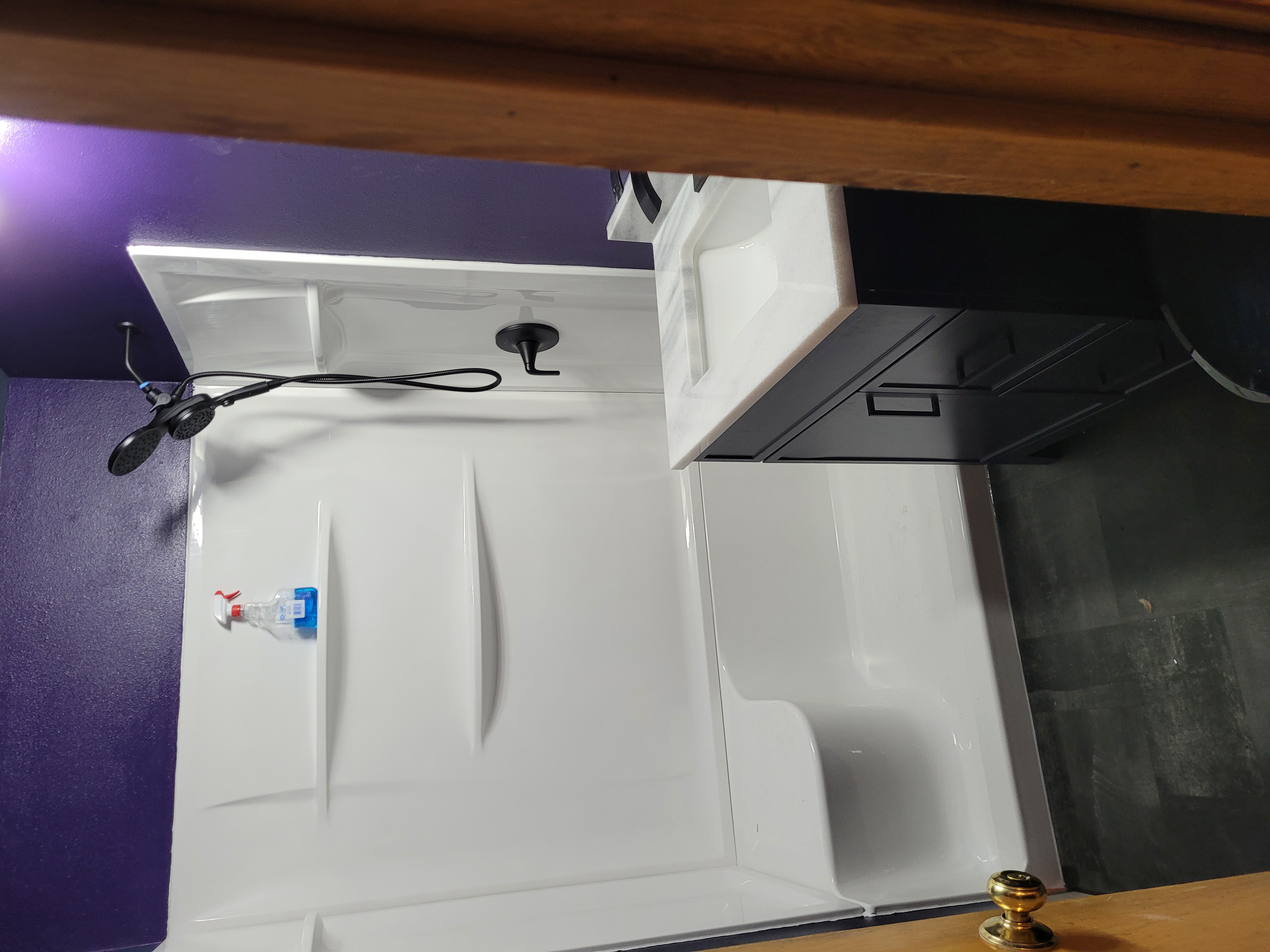 Goth bathroom remodel with dark purple walls