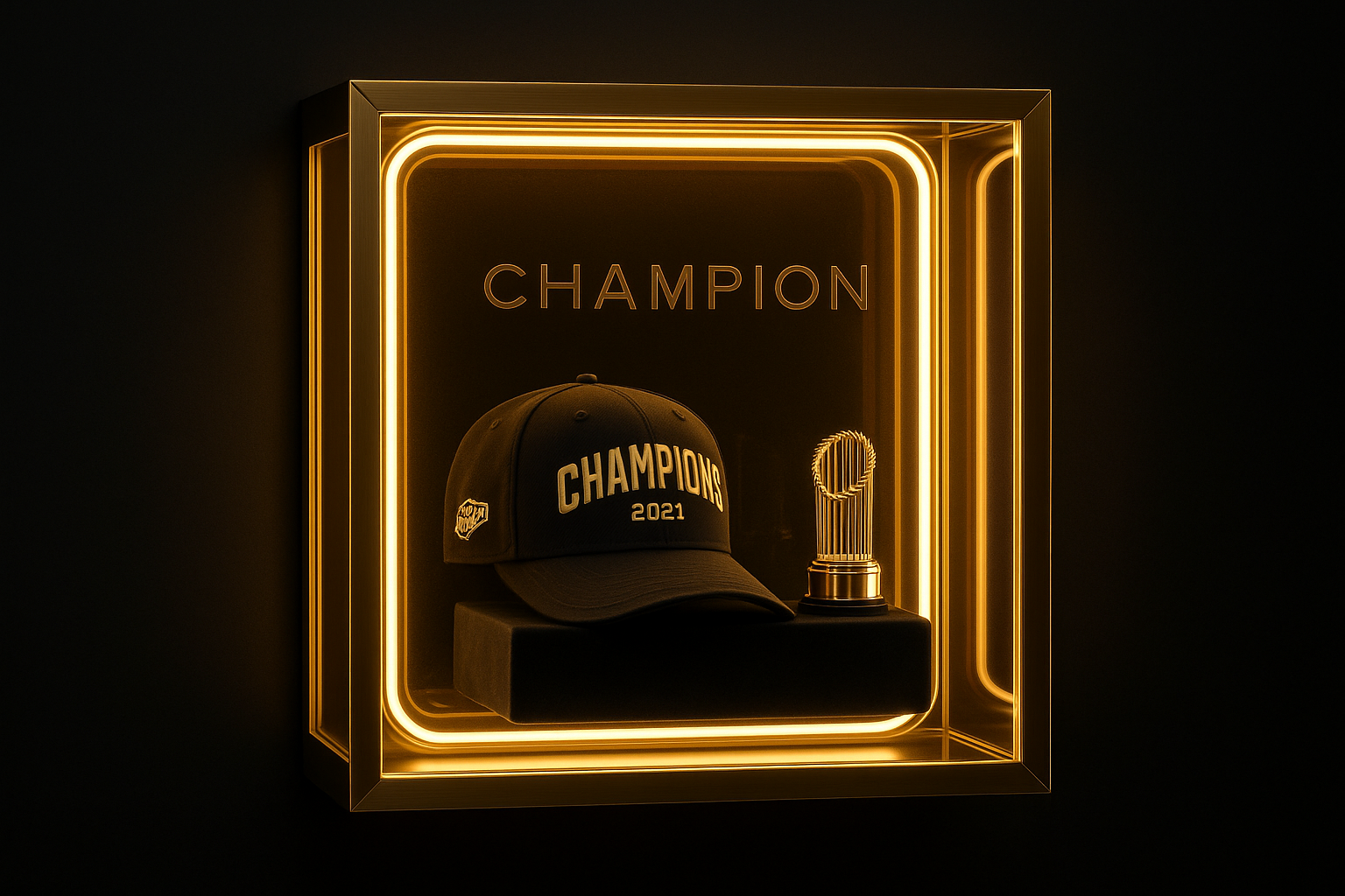 GlowRack Championship Edition display box with gold neon lighting