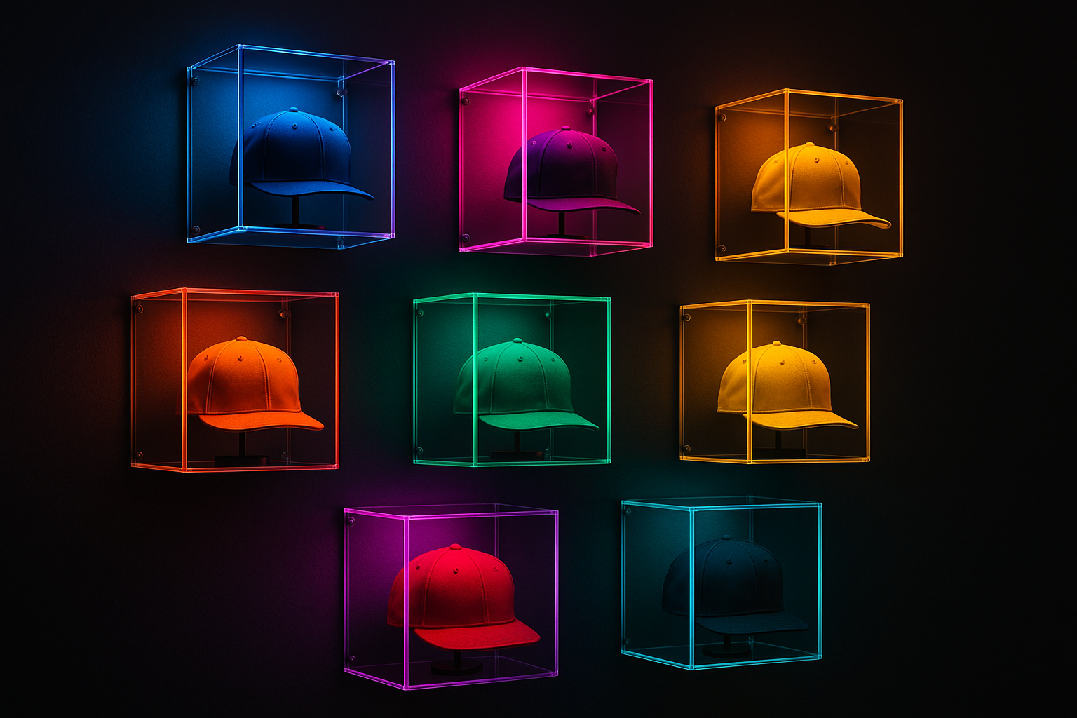 GlowRack wall display with multiple neon-lit transparent boxes showing sports hats in a dark room