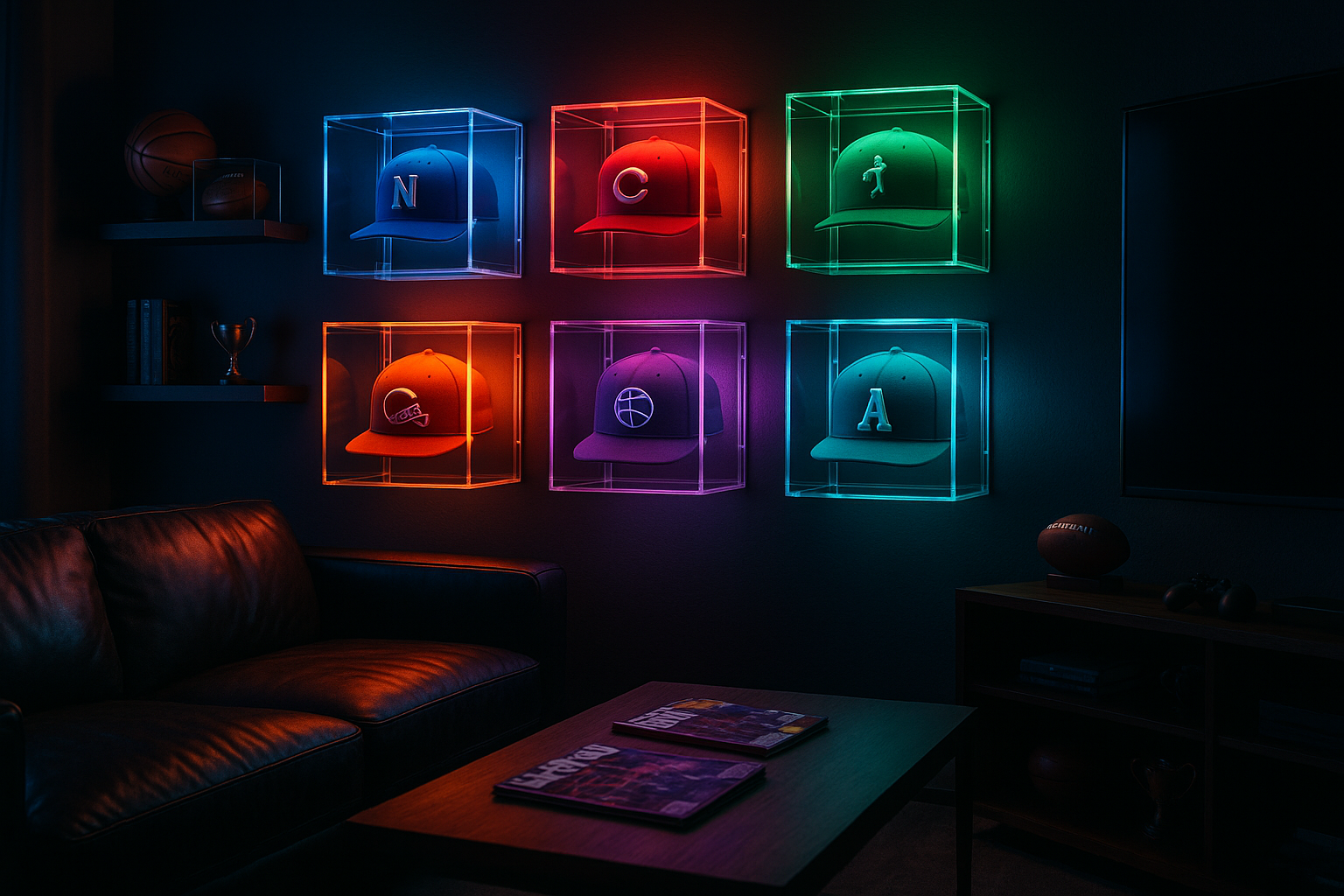 GlowRack display wall in a modern man cave with neon-lit sports memorabilia