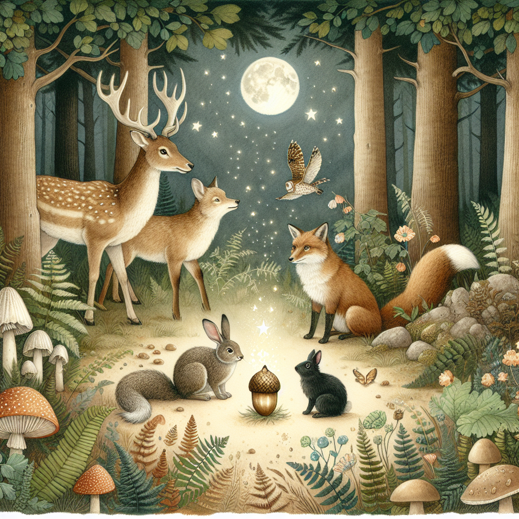 Magical forest scene with woodland creatures