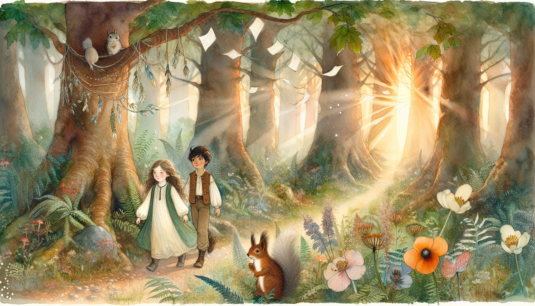 Children exploring a magical forest trail with a friendly squirrel
