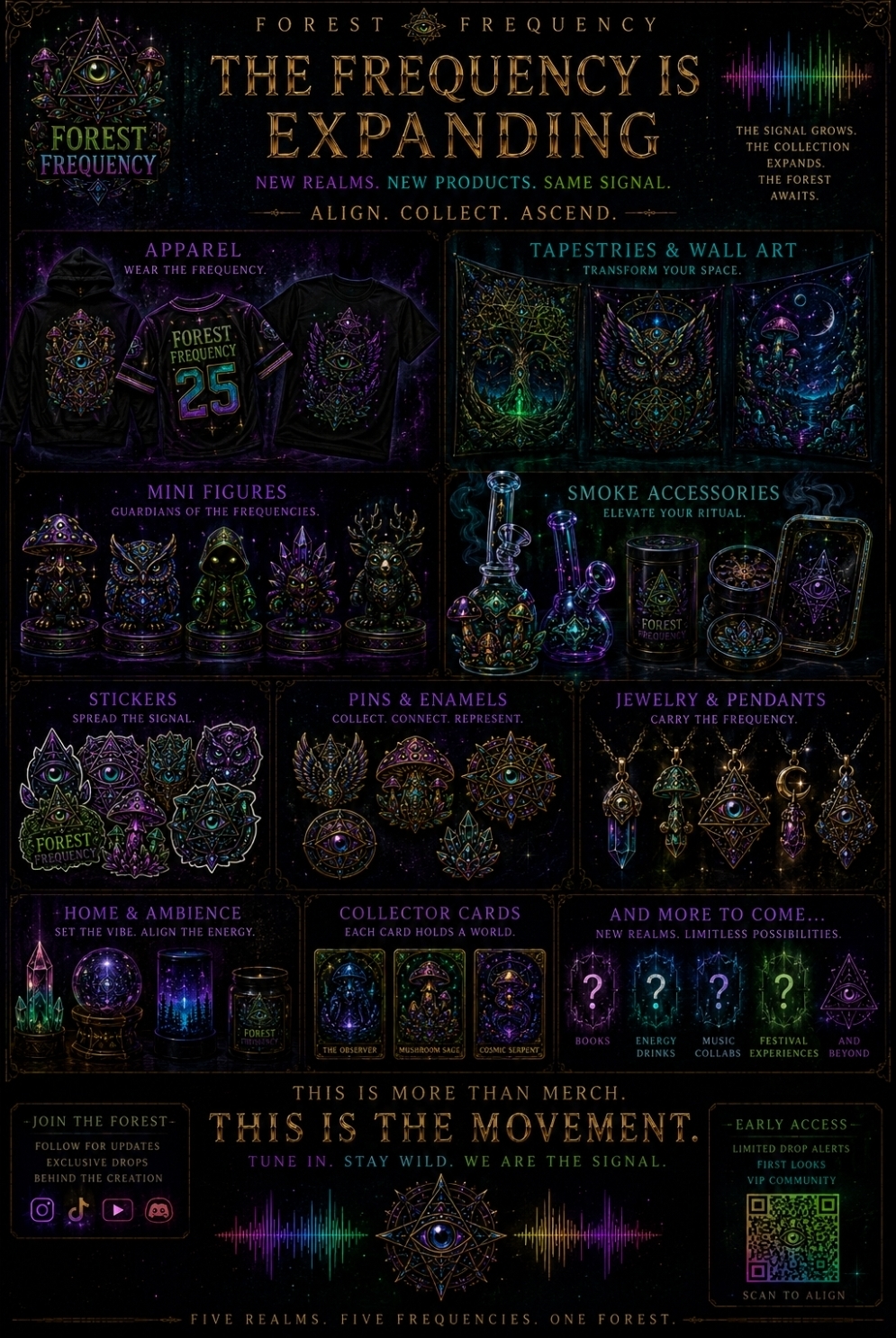 Forest Frequency ecosystem — apparel, figures, accessories, and more