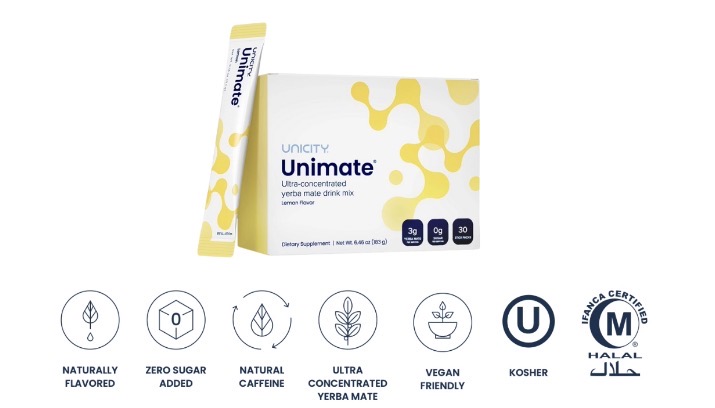 Unimate packaging — box, stick pack, certifications