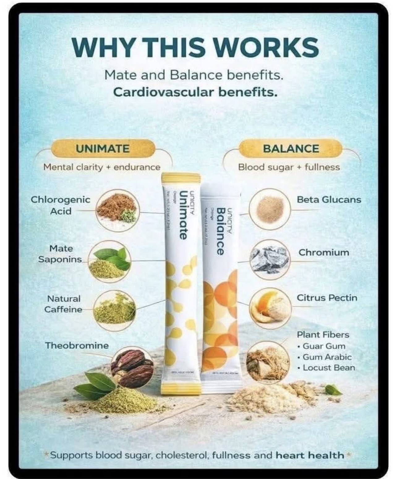 Why This Works — Unimate and Balance key ingredients breakdown: Chlorogenic Acid, Mate Saponins, Natural Caffeine, Theobromine (Unimate) and Beta Glucans, Chromium, Citrus Pectin, Plant Fibers (Balance)