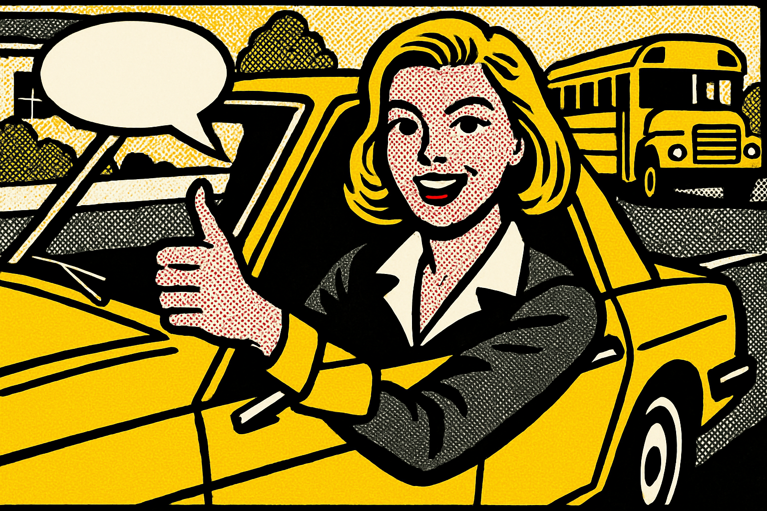 Pop art family and yellow school bus — auto insurance