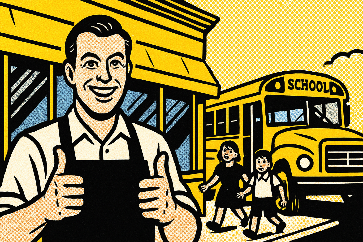 Pop art business owner and yellow school bus — commercial insurance