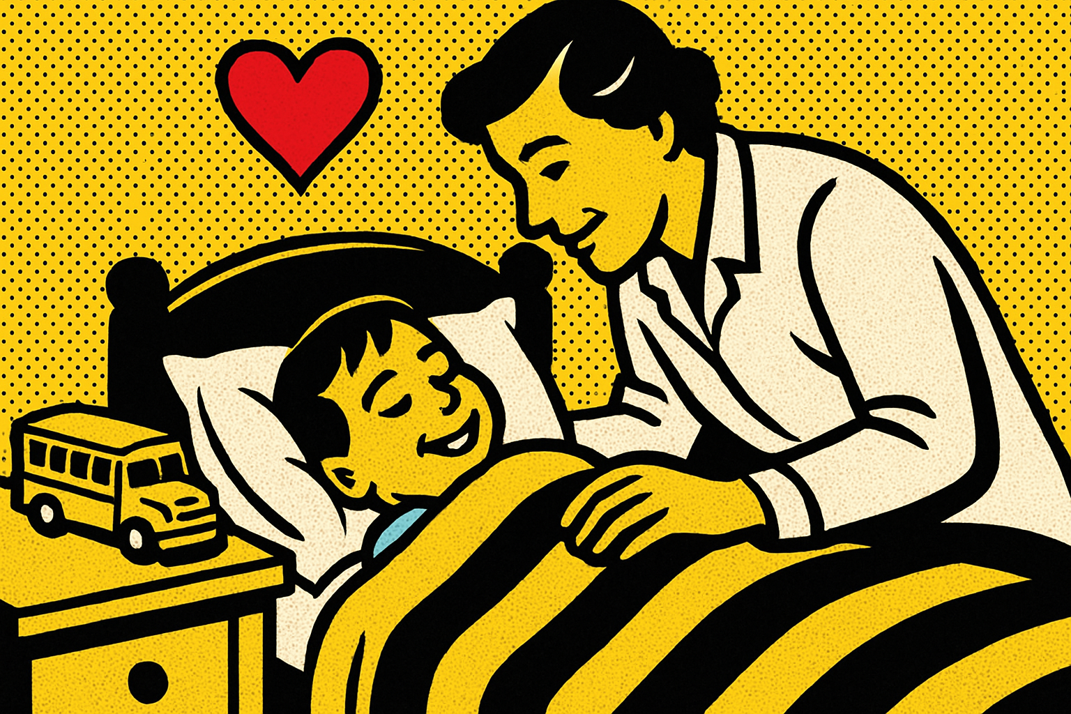 Pop art family bedtime scene — life insurance