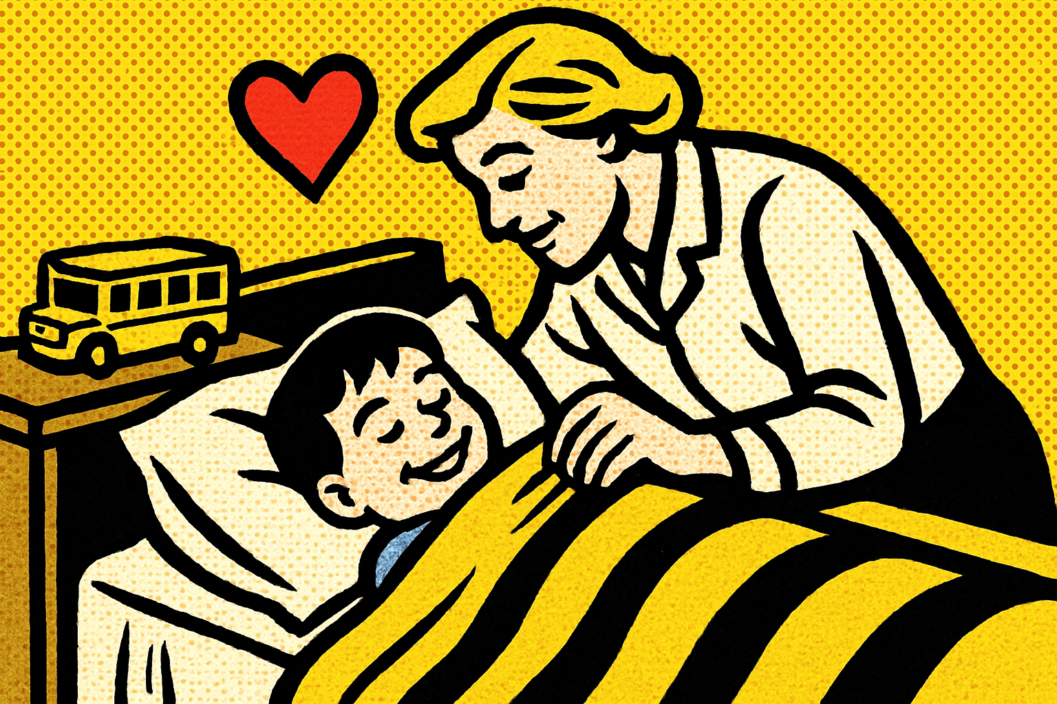 Pop art family bedtime scene — life insurance