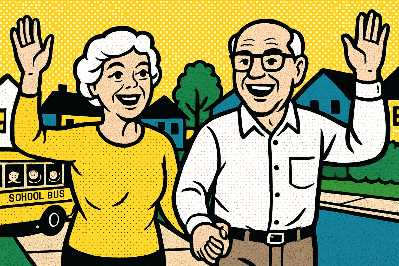 Pop art senior couple and yellow bus — Medicare insurance