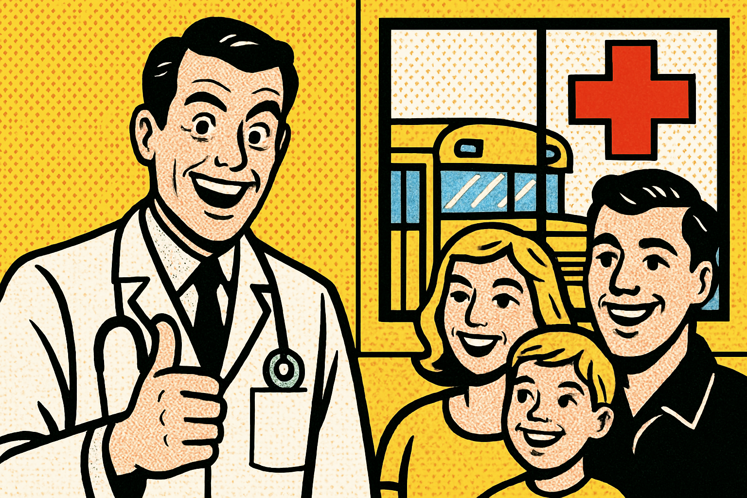 Pop art doctor and family — health insurance