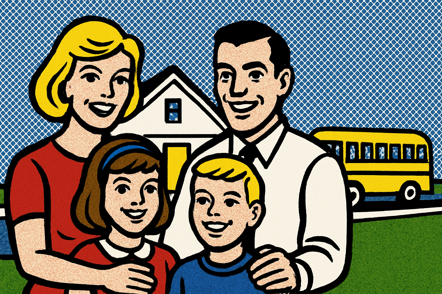 Pop art family home and yellow school bus — home insurance