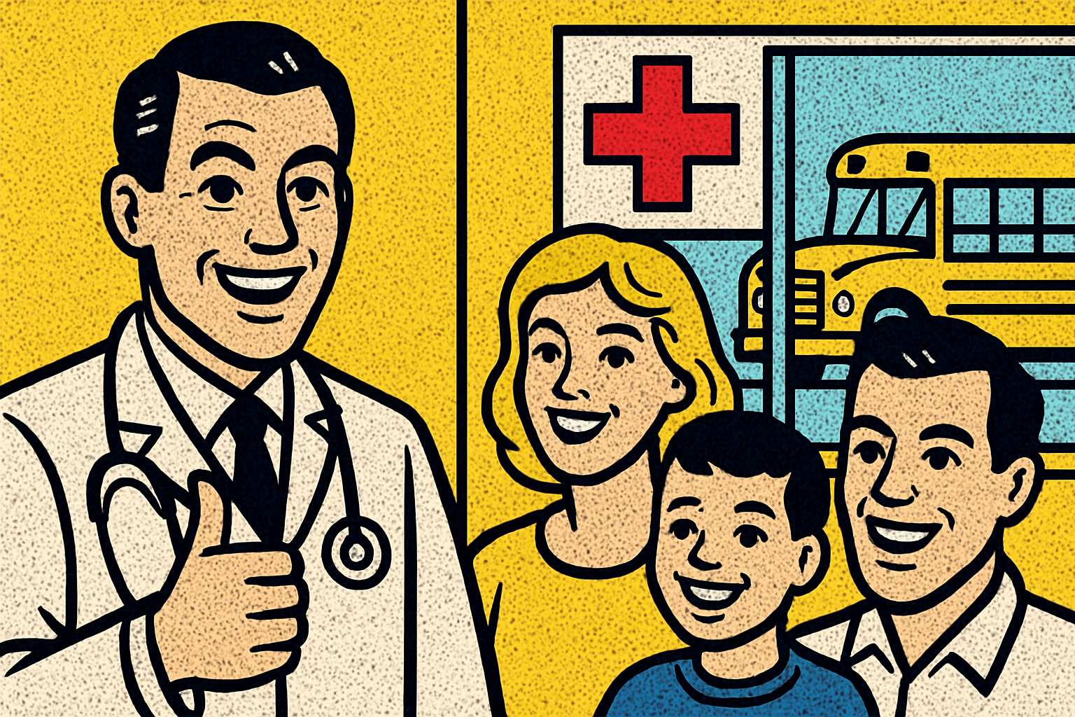 Pop art doctor and family — health insurance