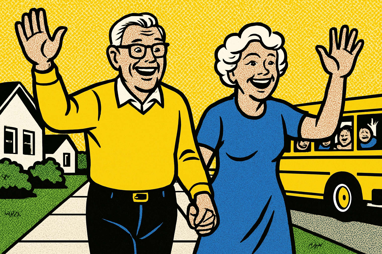 Pop art senior couple and yellow bus — Medicare insurance