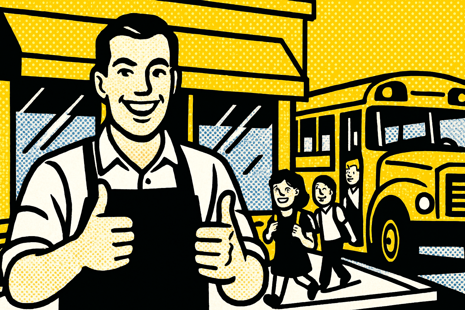 Pop art business owner and yellow school bus — commercial insurance