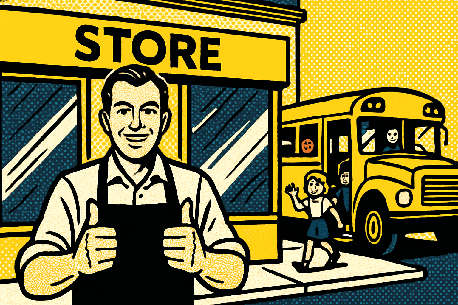 Pop art business owner and yellow school bus — commercial insurance