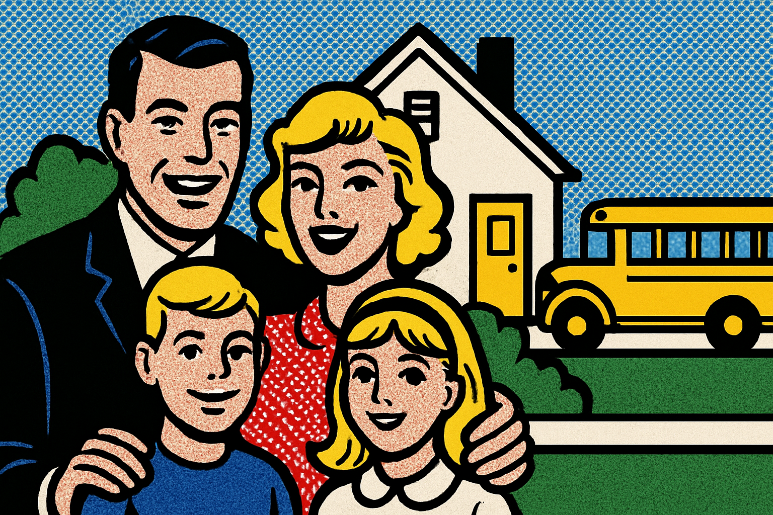 Pop art family home and yellow school bus — home insurance