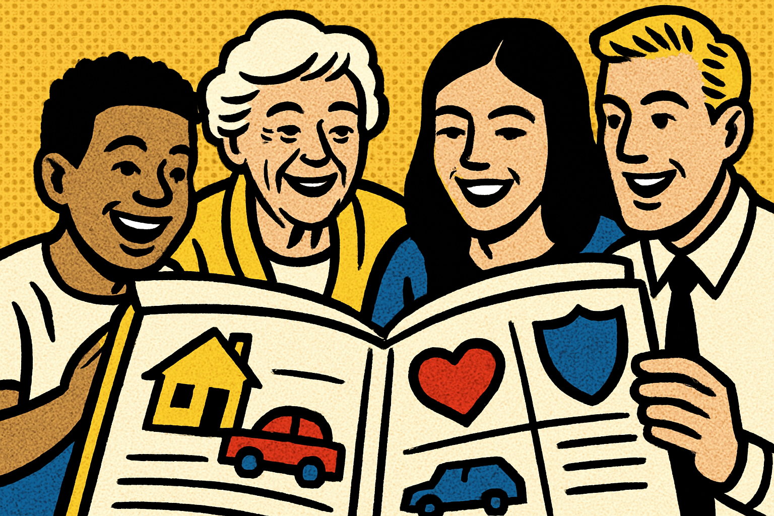 Roy Lichtenstein pop art illustration of readers with insurance-themed book