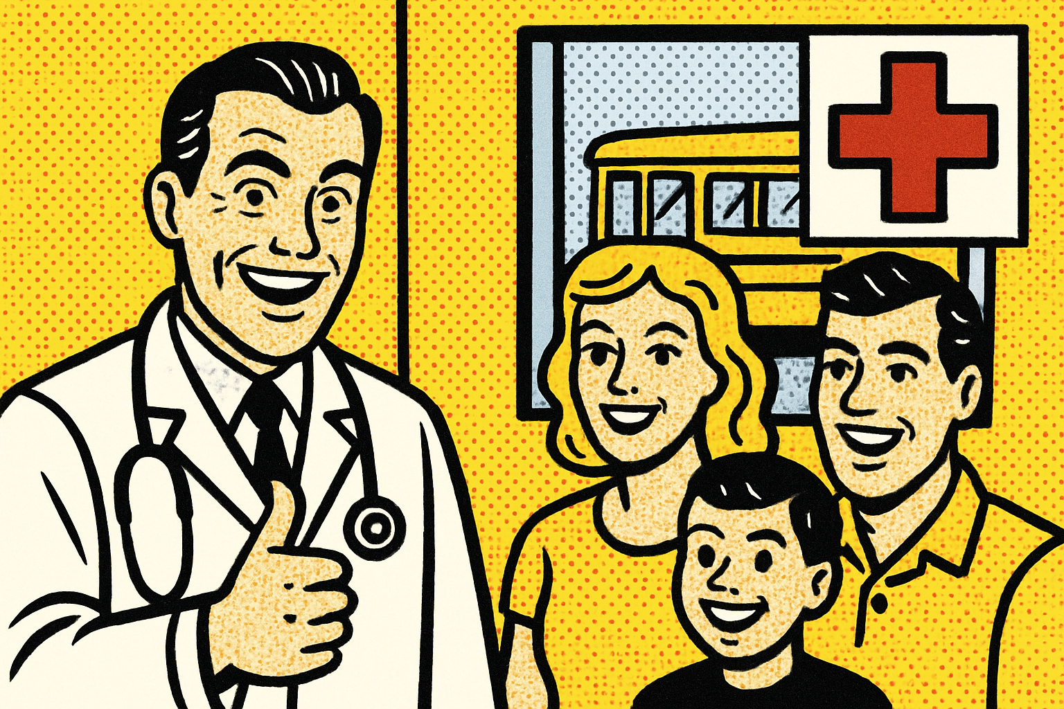 Pop art doctor and family — health insurance