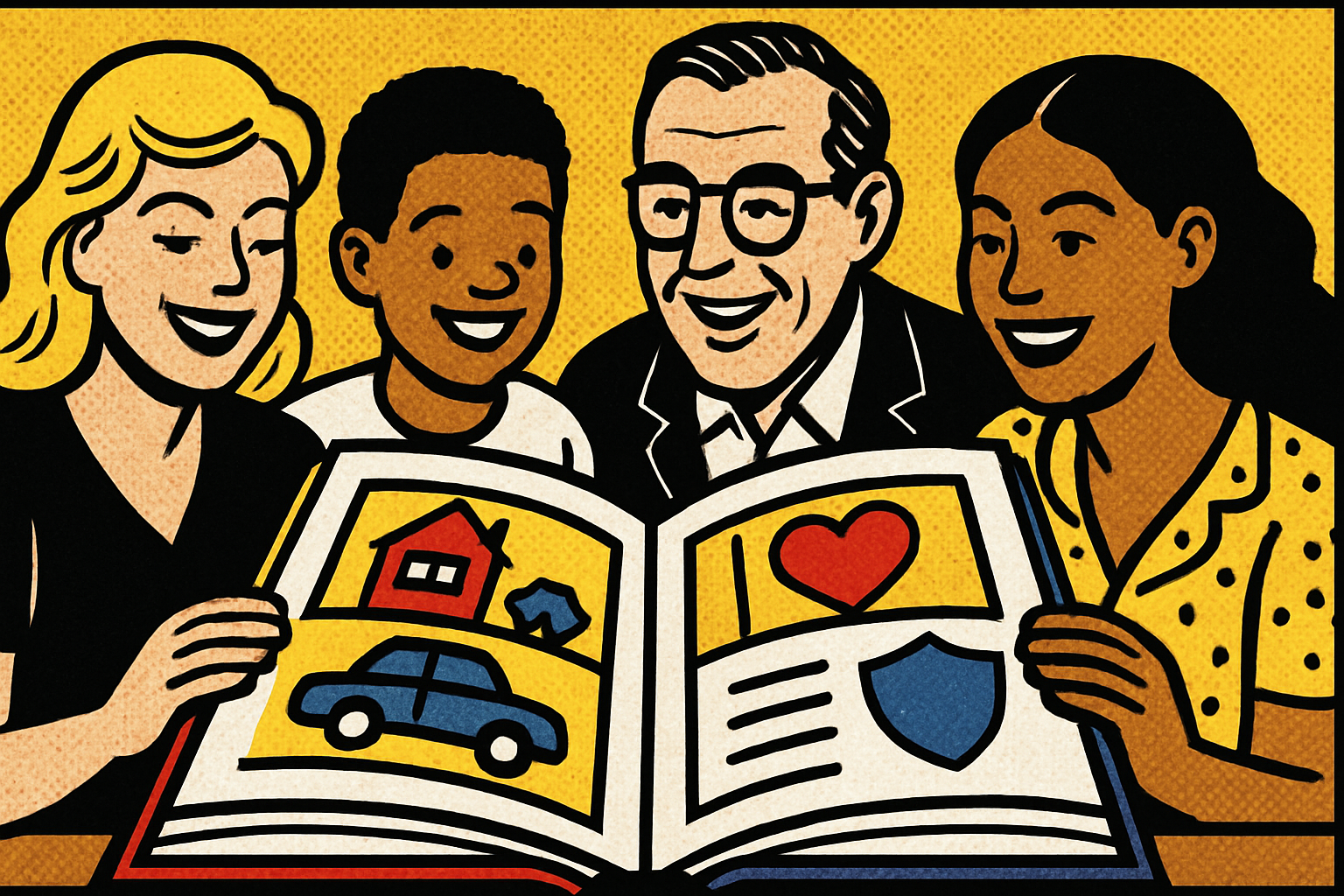 Roy Lichtenstein pop art illustration of readers with insurance-themed book