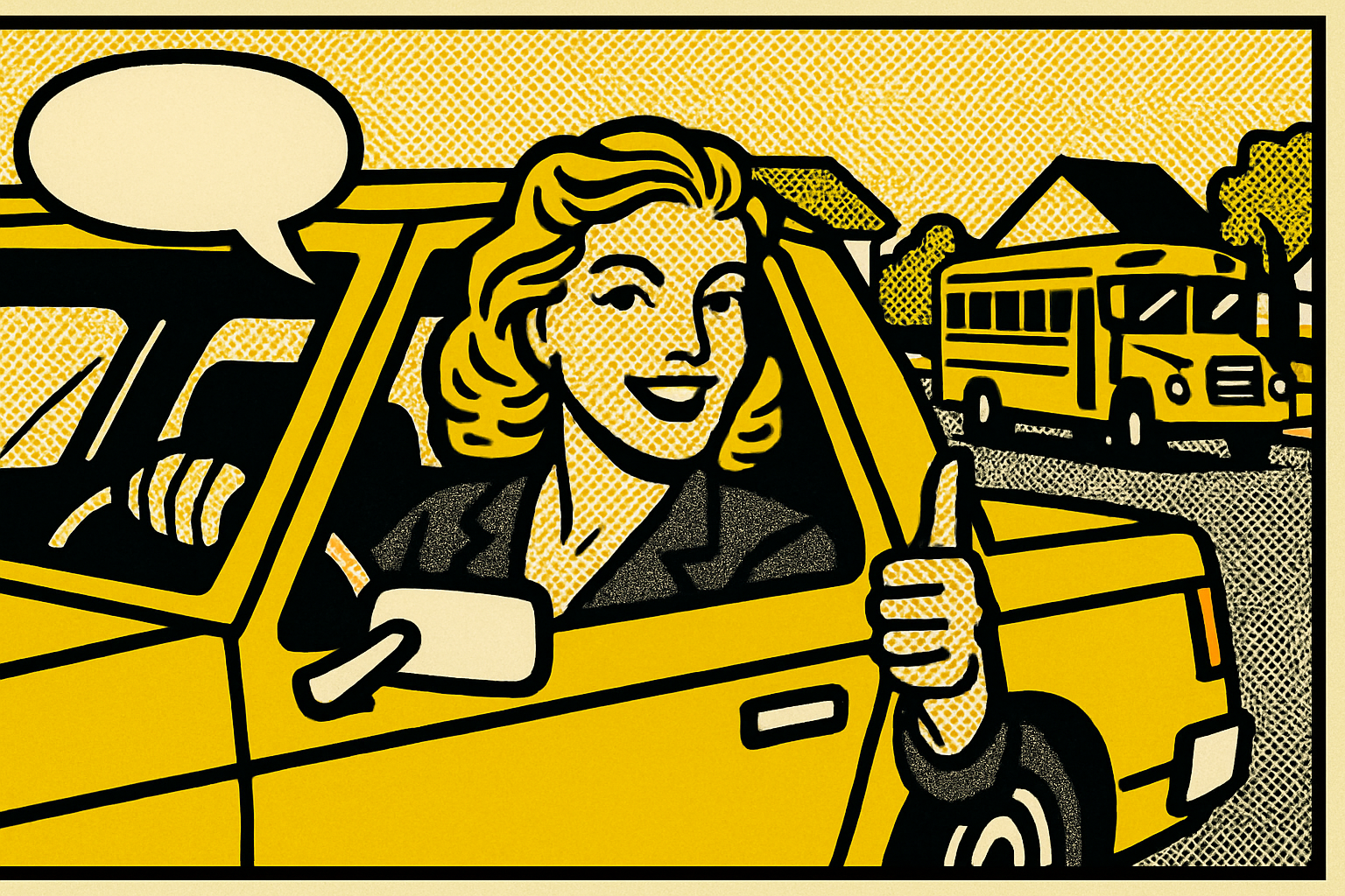 Pop art family and yellow school bus — auto insurance