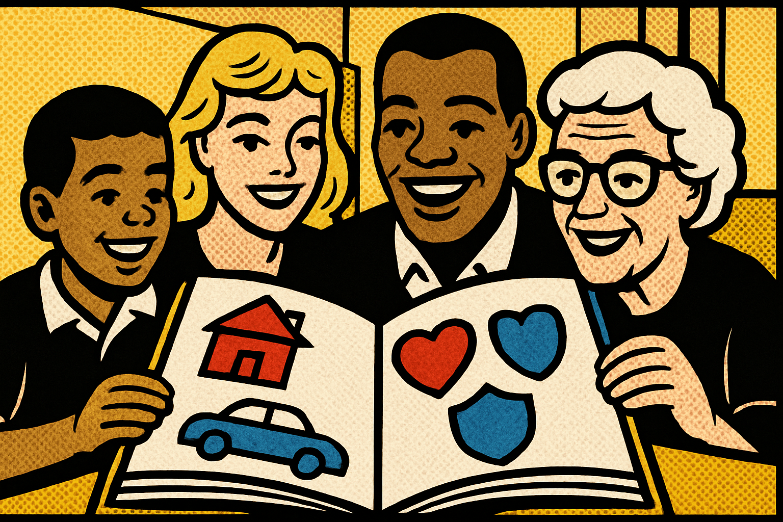 Roy Lichtenstein pop art illustration of readers with insurance-themed book