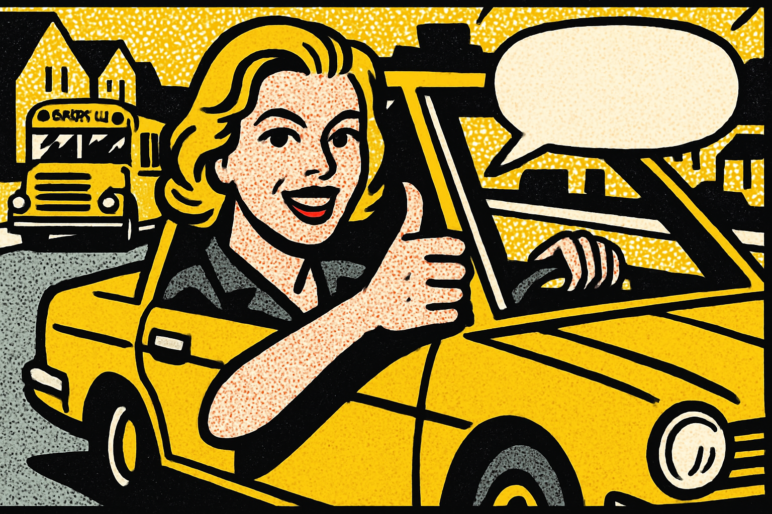 Pop art family and yellow school bus — auto insurance