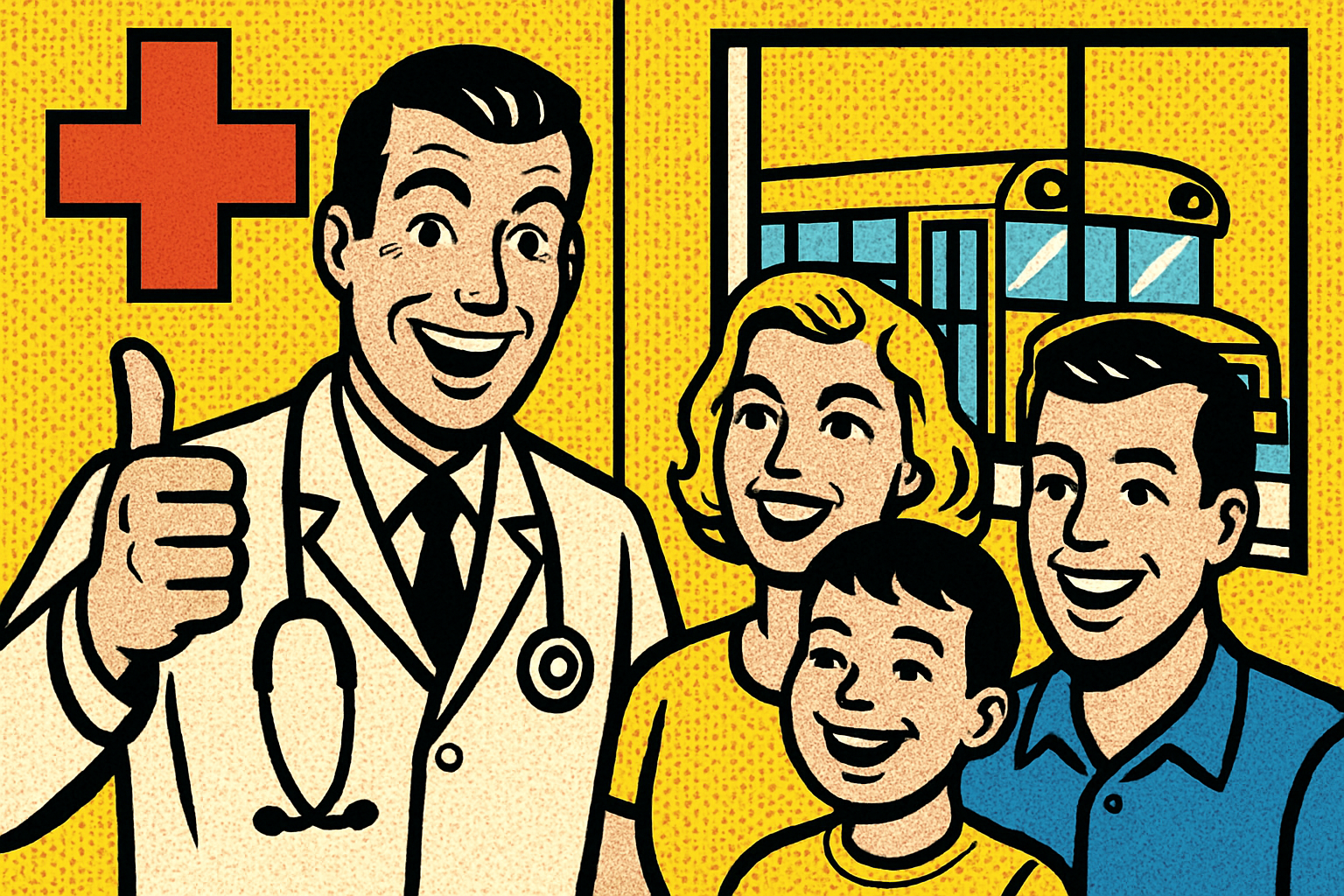 Pop art doctor and family — health insurance