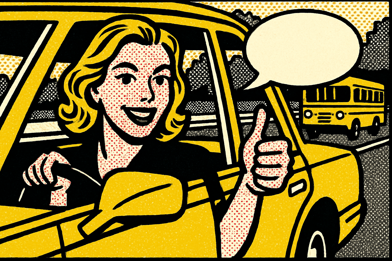 Pop art family and yellow school bus — auto insurance
