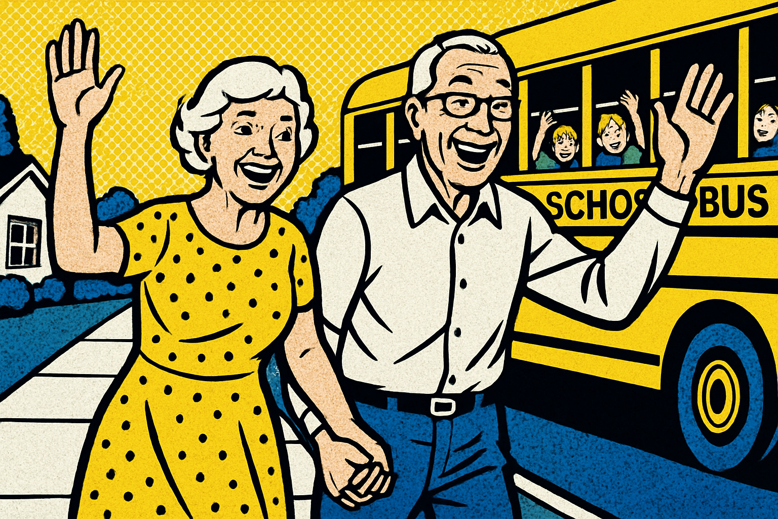 Pop art senior couple and yellow bus — Medicare insurance