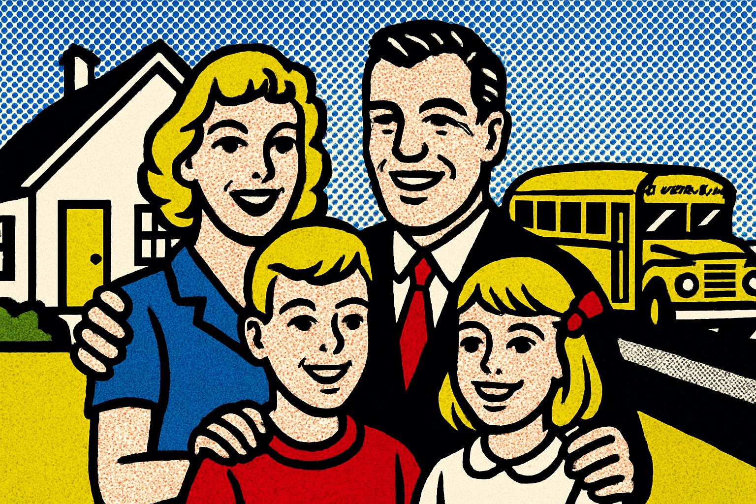 Pop art family home and yellow school bus — home insurance