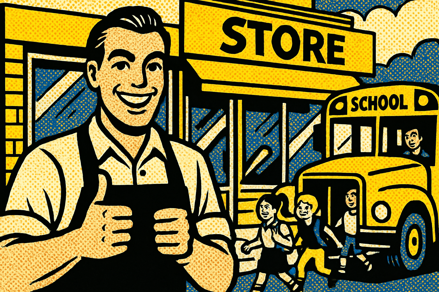 Pop art business owner and yellow school bus — commercial insurance