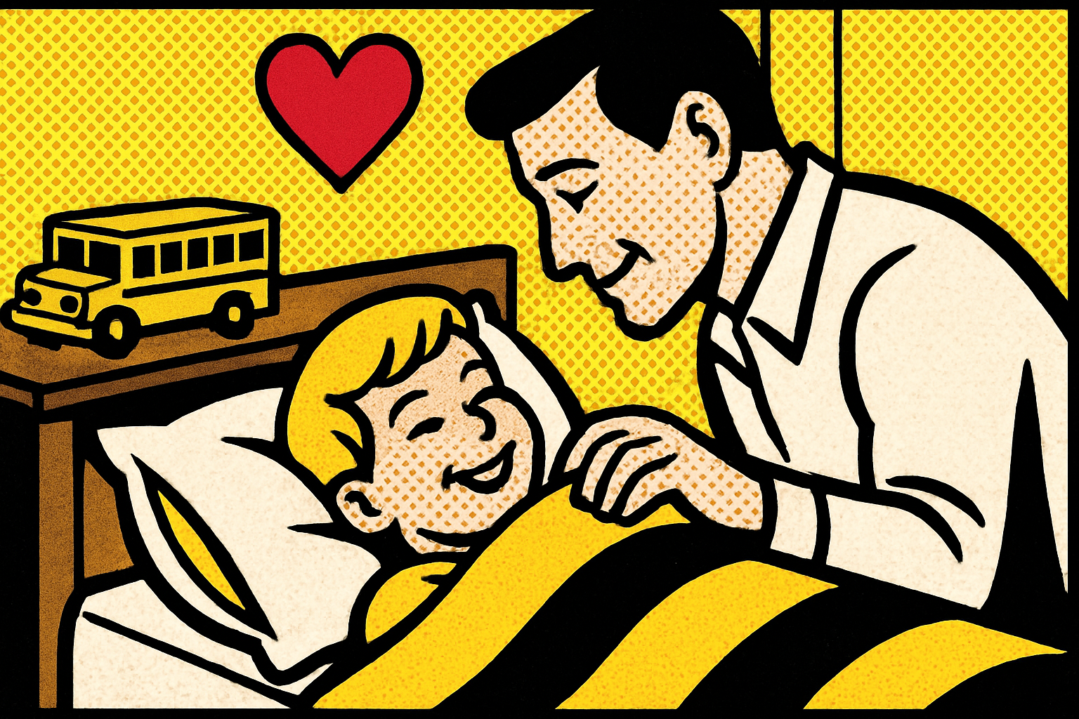 Pop art family bedtime scene — life insurance