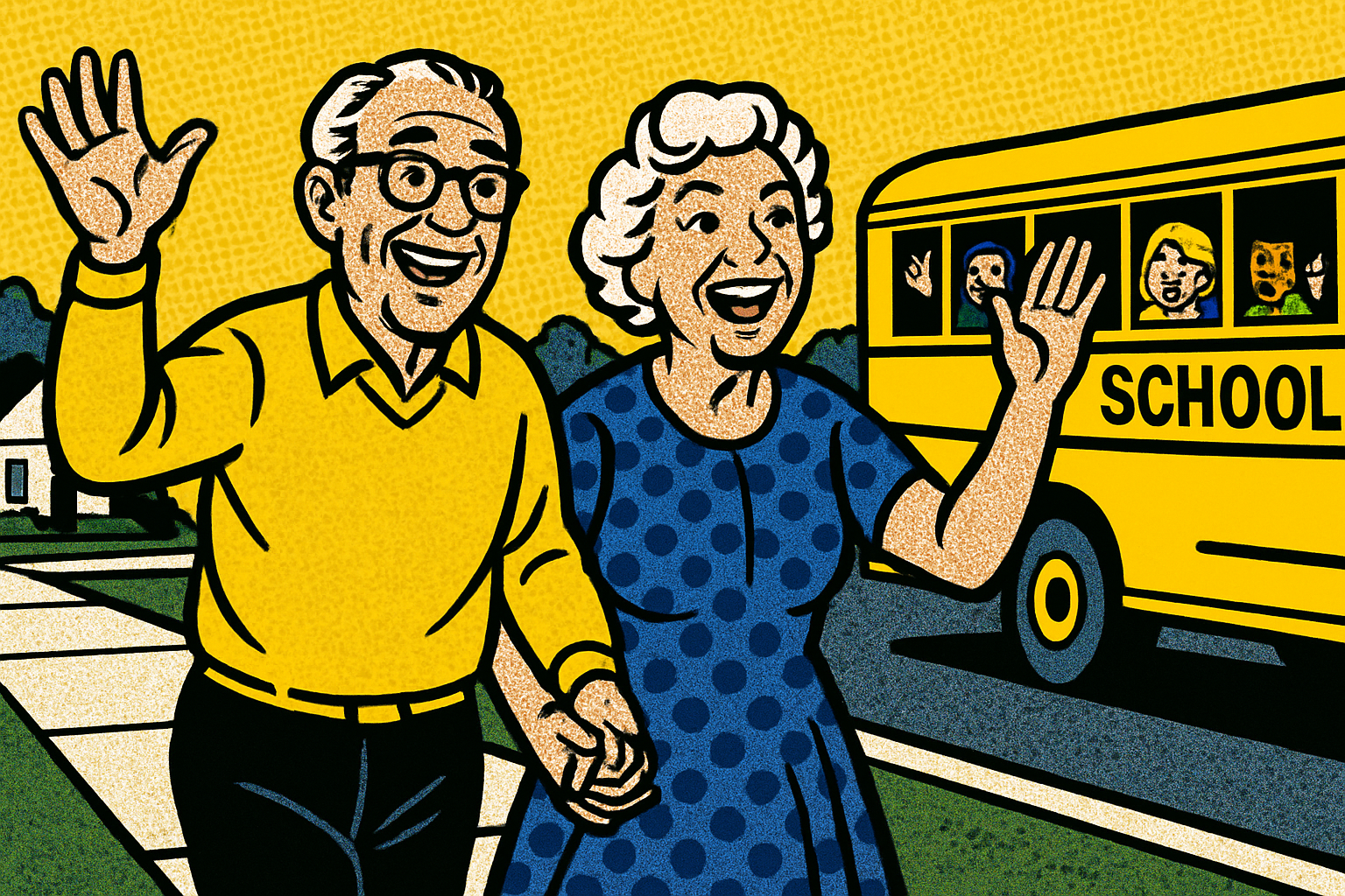 Pop art senior couple and yellow bus — Medicare insurance