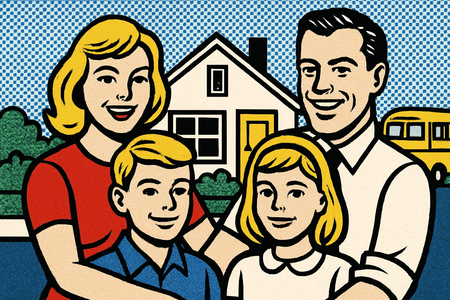 Pop art family home and yellow school bus — home insurance