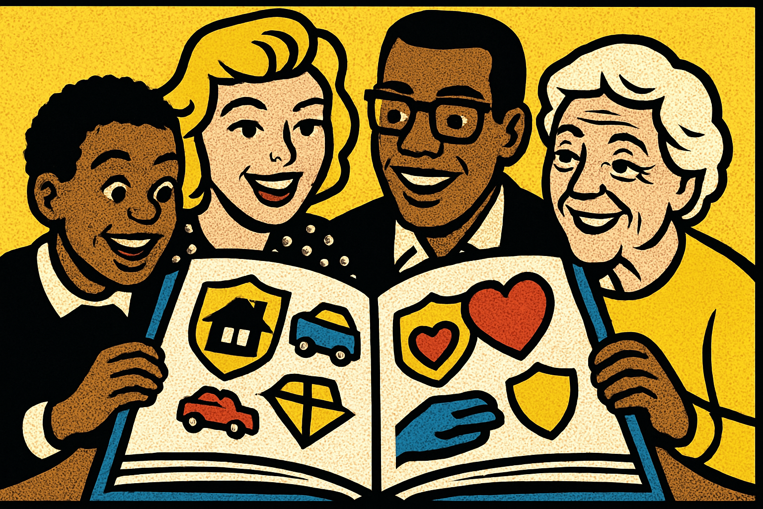 Roy Lichtenstein pop art illustration of readers with insurance-themed book