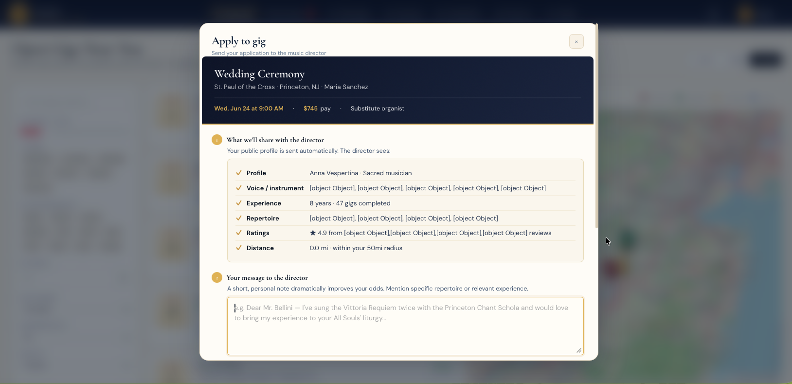 Apply to Gig — One-tap applications with voice, repertoire, and ratings