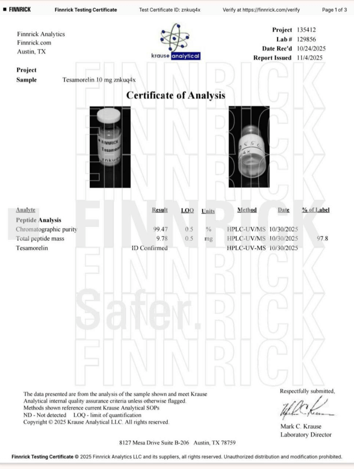 Certificate of Analysis — Krause Analytical (Finnrick)