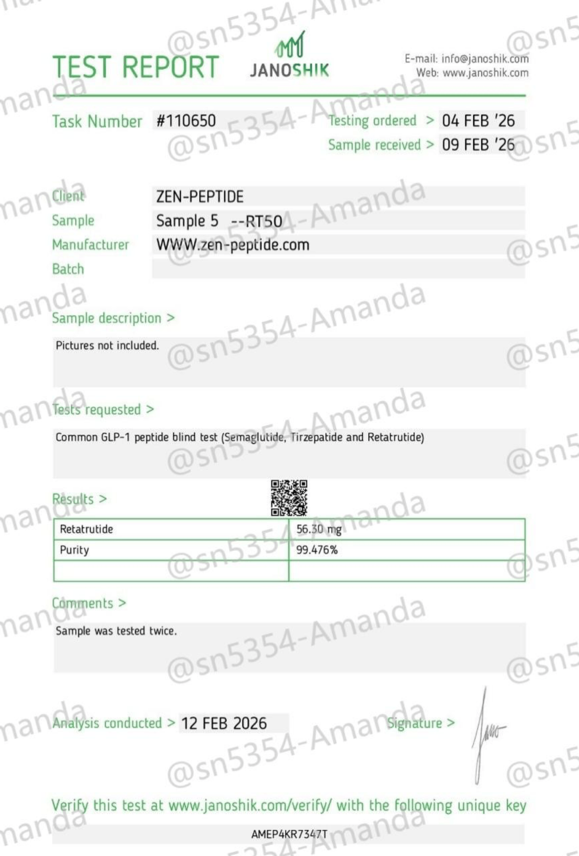 Certificate of Analysis — Janoshik Analytical — RT50 (50mg)
