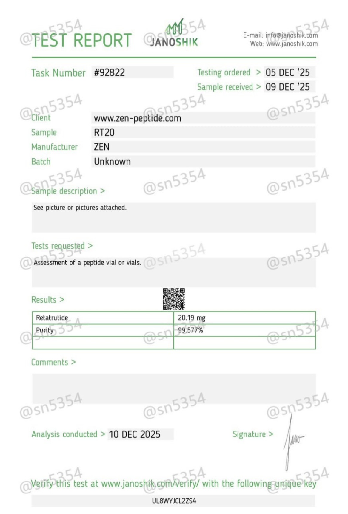 Certificate of Analysis — Janoshik Analytical — RT20 (20mg)