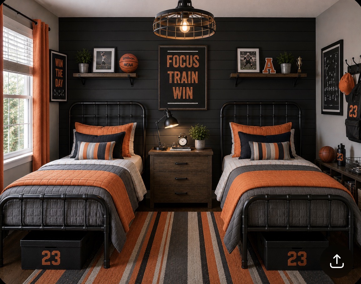 Orange and black sports double bedroom