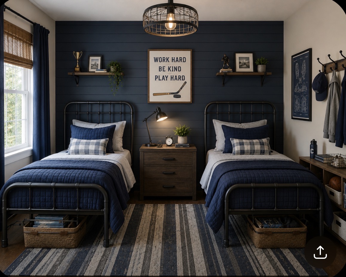 Dark navy industrial double bedroom