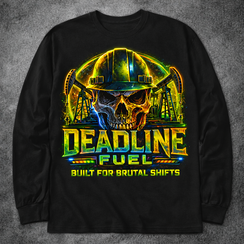 Deadline Fuel Built for Brutal Shifts long sleeve shirt — black with skull-in-hardhat and oil derrick print