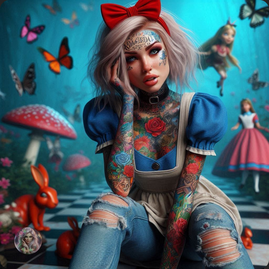 Alice — tattooed on checkered floor