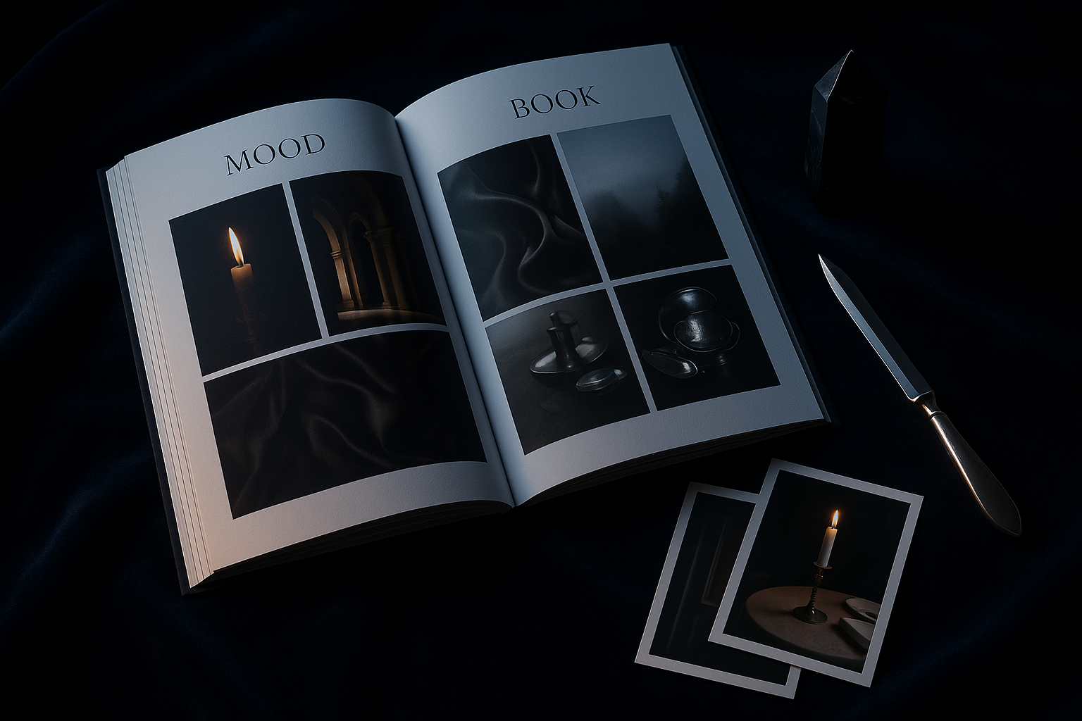 The Sovereignty Moodbook — luxury digital moodbook spread open on navy velvet with obsidian and silver