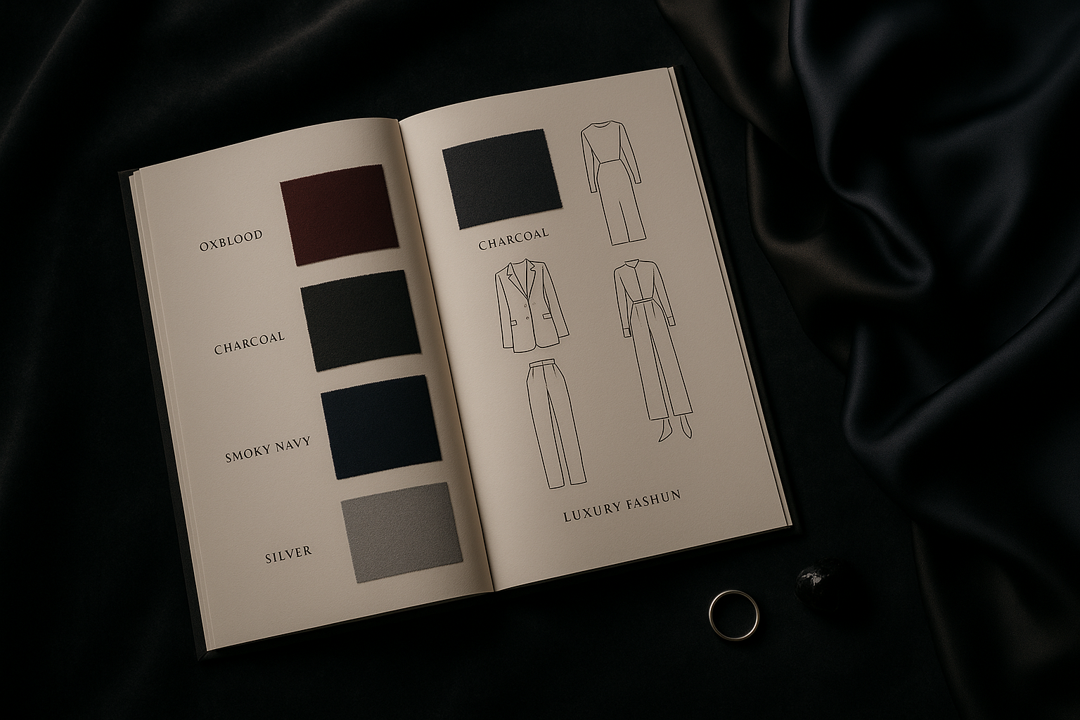 The Dark Elegance Capsule — luxury fashion wardrobe guide spread open on charcoal velvet