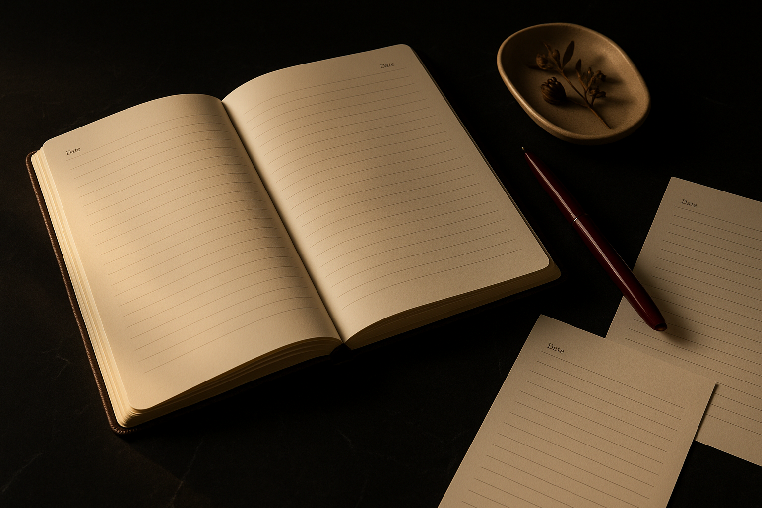 The Reclamation Journal — luxury guided journal spread open on black marble with oxblood pen