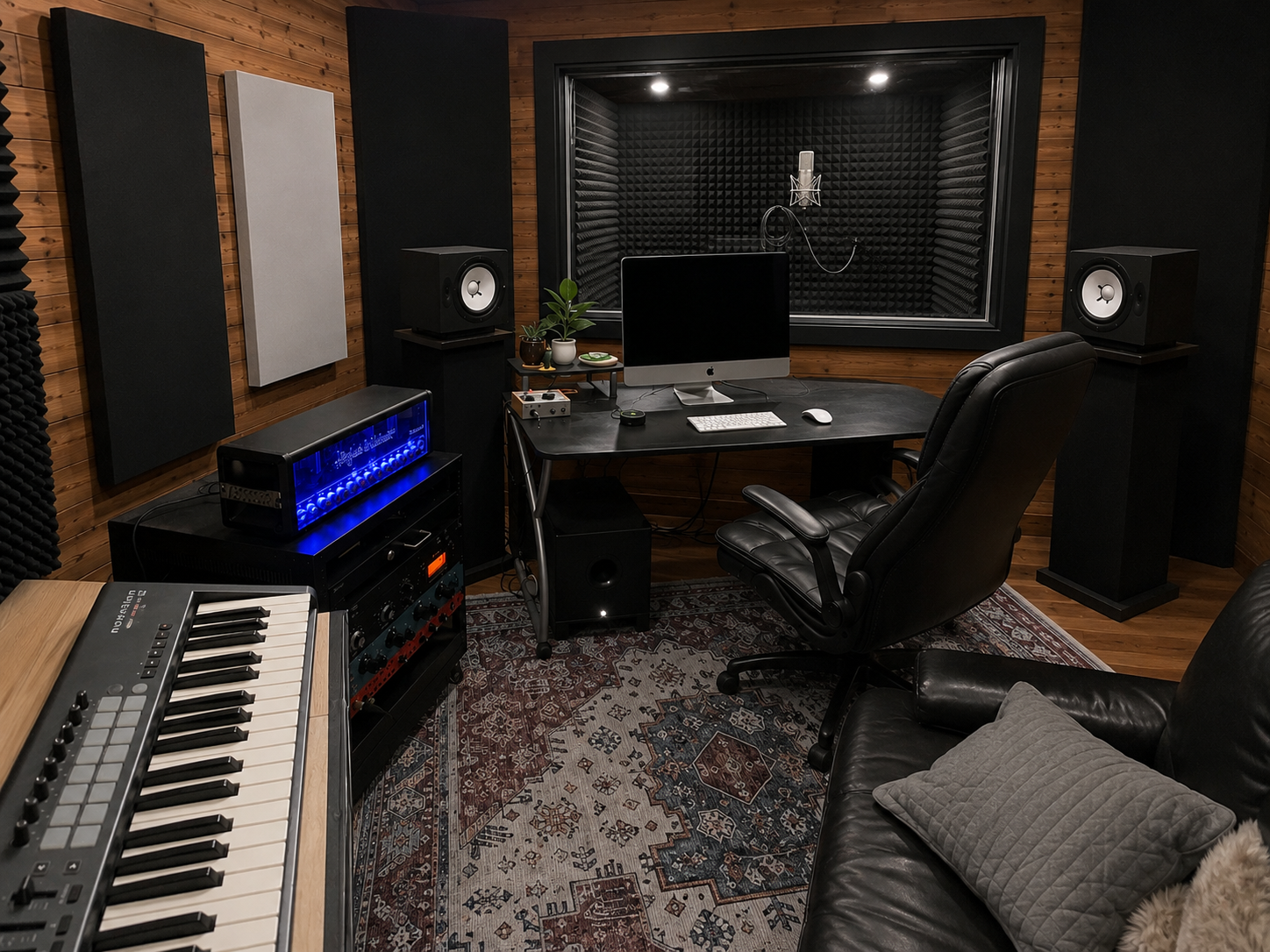 Amazing Audio Ads studio — keyboard, monitors, mic booth, acoustic panels